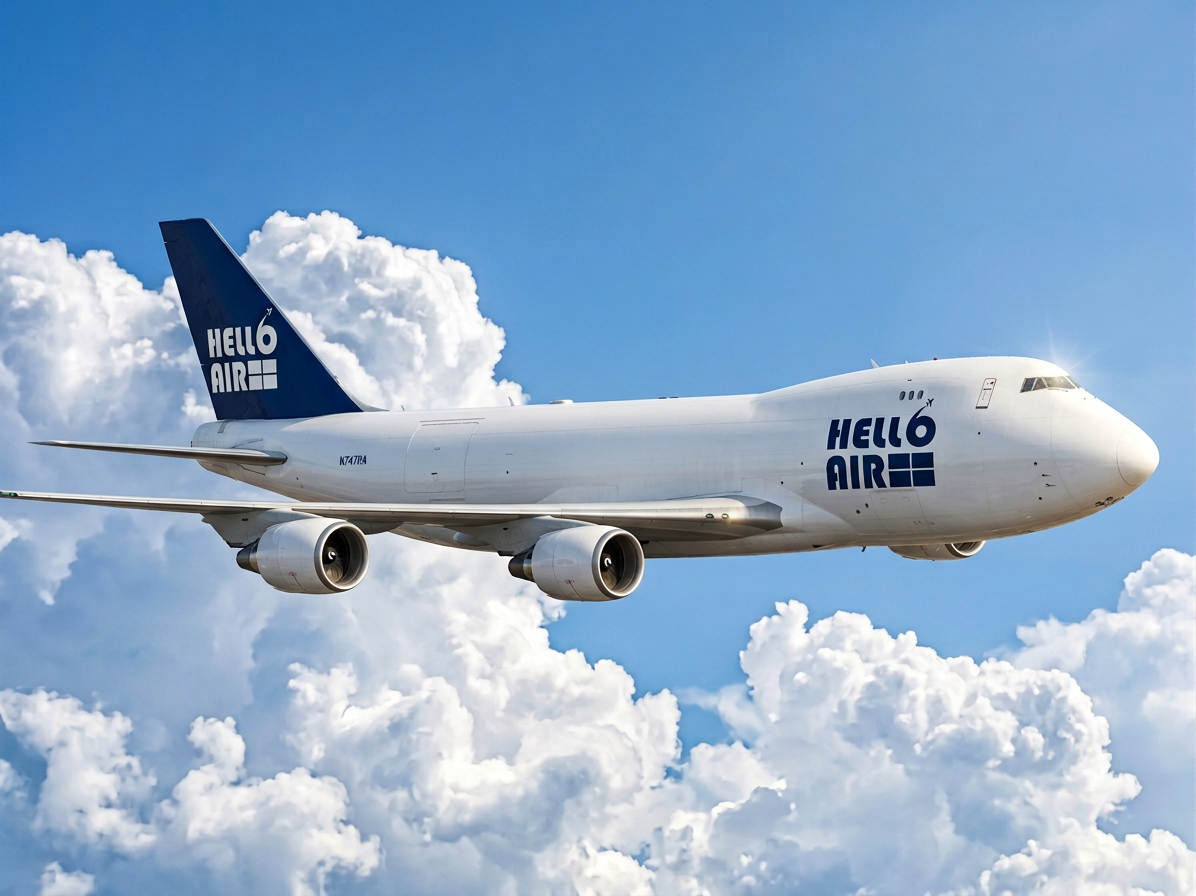 Hello Airlines Boeing 747-400F freighter flying in blue sky