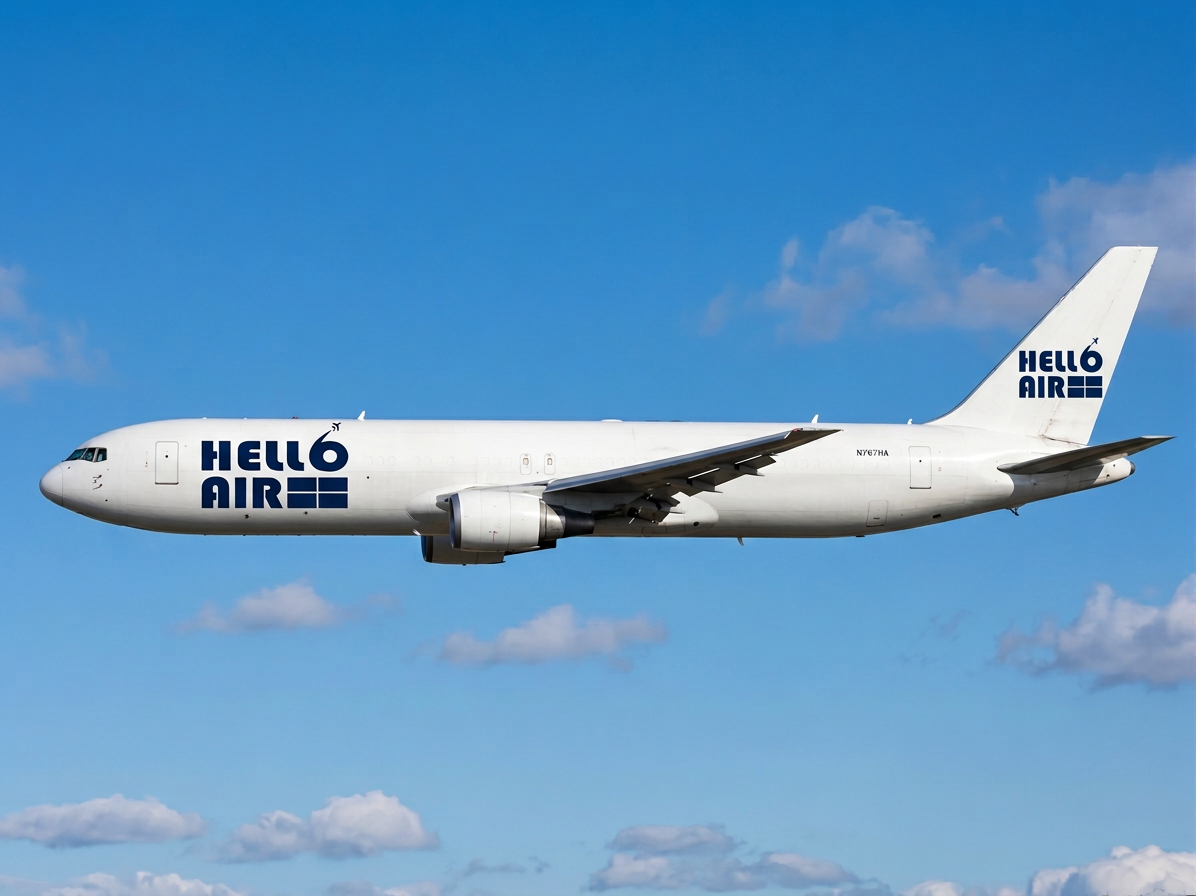 Hello Airlines Boeing 767-300ERF freighter flying in blue sky
